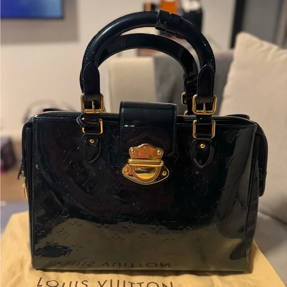 Louis Vuitton Black Patent Leather Satchel with Gold Accents - Picture 5 of 5